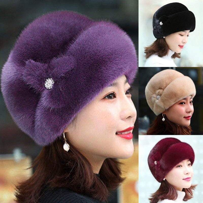 New Russian Fur Ski Hat Winter Warm Imitation Mink Fur Caps For Women Earflap Fisherman Earwarmer Hat Floral Basin Cap - Amazhona 