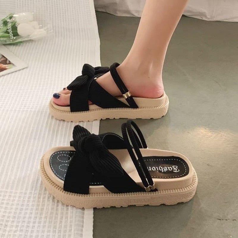 New Style Fairy Style Lady Summer Slippers Thick Platform Flat Sandals with Butterfly-Knot Summer Flip Flops Sandals Women - Amazhona 