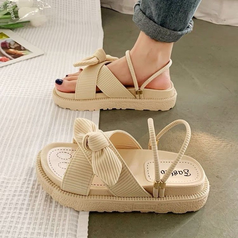 New Style Fairy Style Lady Summer Slippers Thick Platform Flat Sandals with Butterfly-Knot Summer Flip Flops Sandals Women - Amazhona 