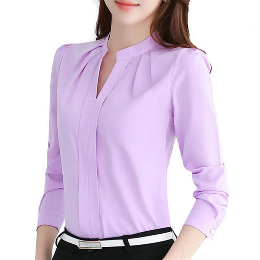 New Style V-neck Long-sleeved Elegant Ladies Office Chiffon Shirt - Amazhona 