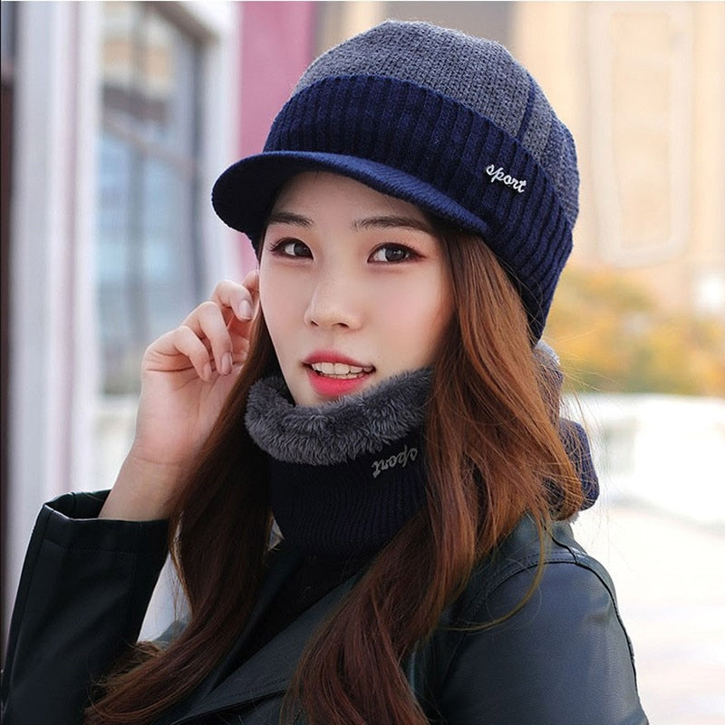 New Unisex Warm Winter Hat With Brim Add Fur Lined Beanie Hat Sports Label Thicken Winter Hats For Men Women Knitted Hat - Amazhona 