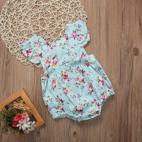 New girls blue printed small floral romper - Amazhona 