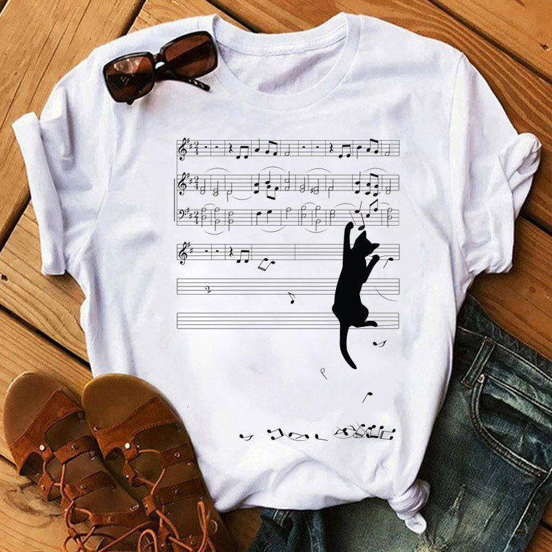 Large Size Women's Music Note Printing Kawaii Top Female Wholesale Supply Round Neck Short Sleeve T-shirt Female - Amazhona 