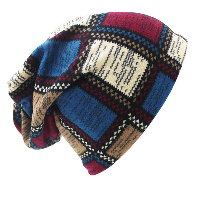 OKKDEY Fashion Cotton Autumn Winter Hats For Women Plaid Design Dual-use Ladies Beanie Hat Scarf Men Casual Skullies Beanies - Amazhona 