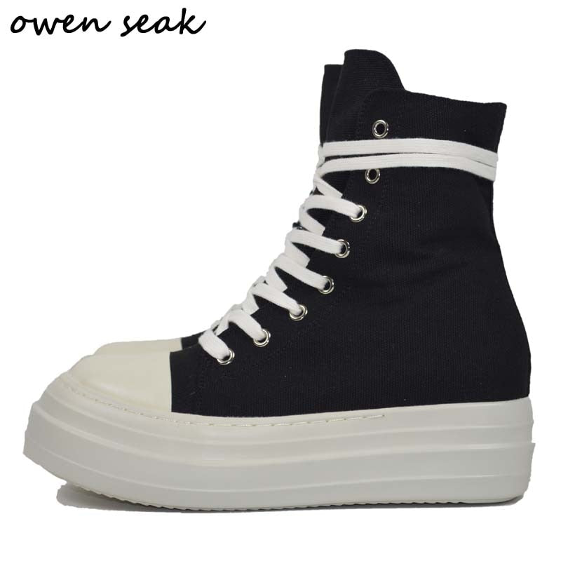 Owen Seak Women Canvas Shoes Luxury Trainers Platform Boots Lace Up Sneakers Casual Height Increasing Zip High-TOP Black PU Shoe - Amazhona 