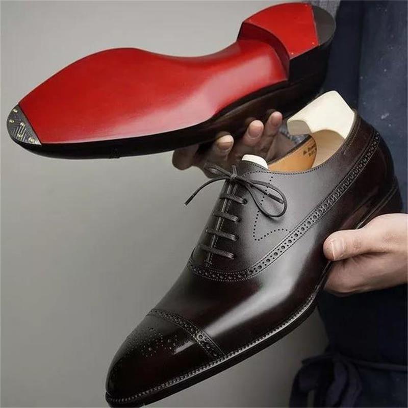 Oxfords Men Shoes Red Sole Fashion Business Casual Party Banquet Daily Retro Carved Lace-up Brogue Dress Shoes - Amazhona 