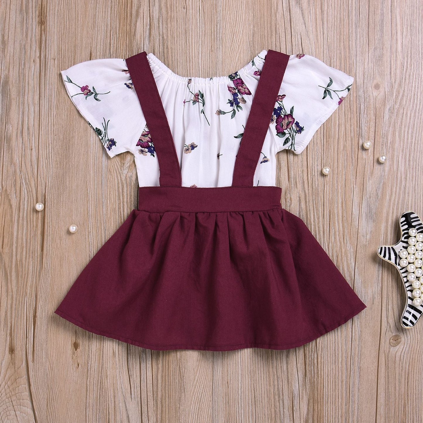 Patricia Floral Set  Toddler Kids Baby Girls Floral Romper Suspender Skirt Overalls 2PCS Outfits Baby Clothing - Amazhona 