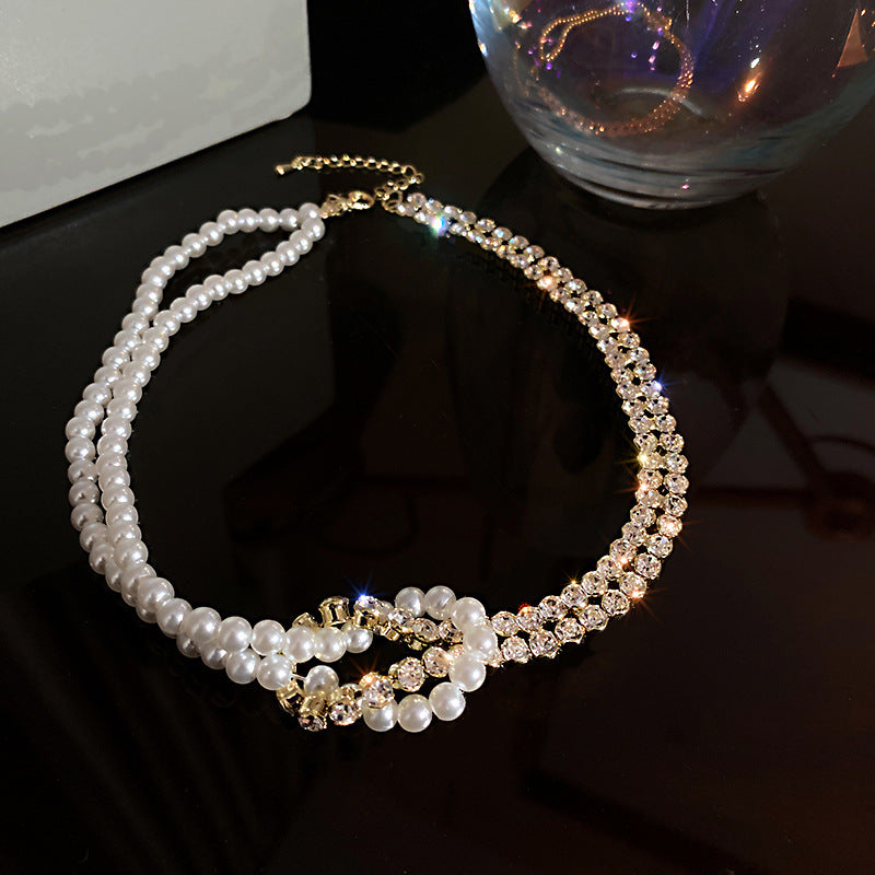 Pearl Crystal Choker Necklaces For Women Short Chain Rhinestone Necklaces Statement Jewelry - Amazhona 