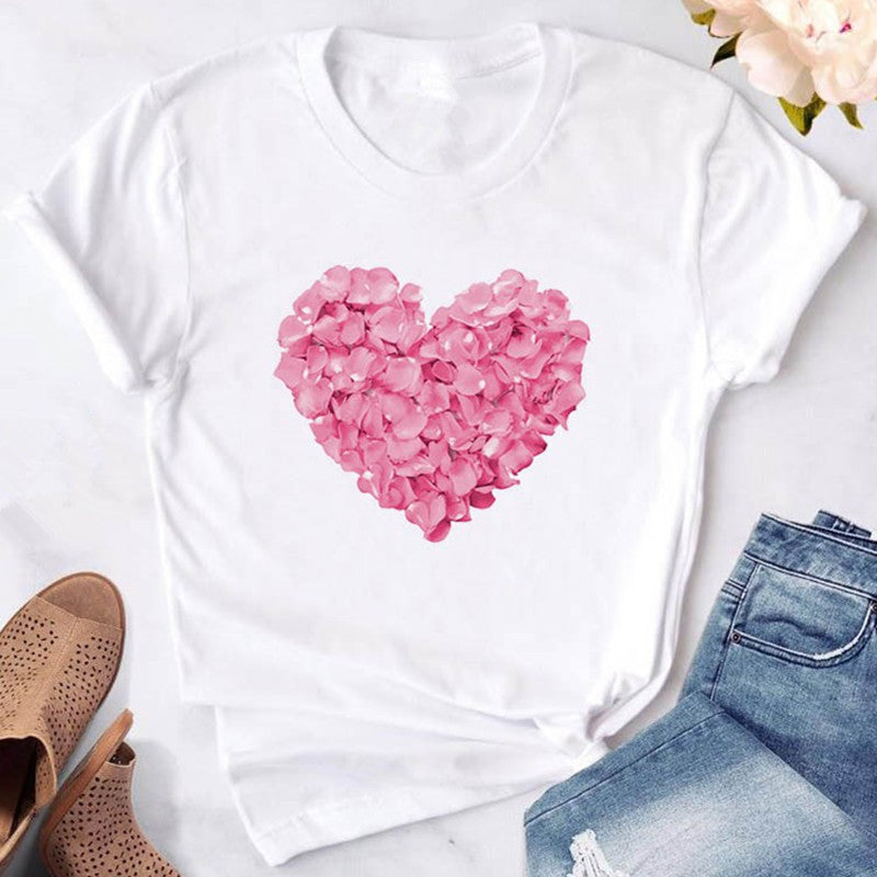 Pink heart-shaped flower print women's t-shirt casual funny t-shirt - Amazhona 