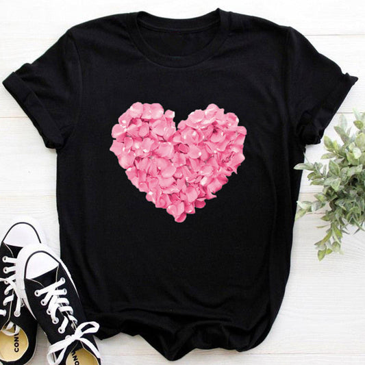 Pink heart-shaped flower print women's t-shirt casual funny t-shirt - Amazhona 