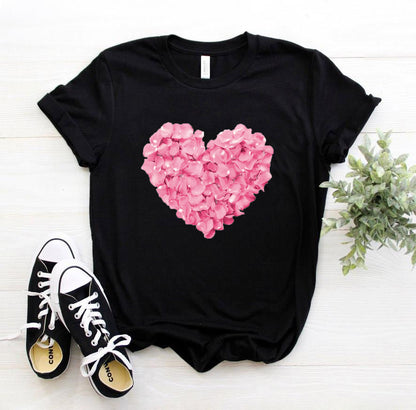 Pink heart-shaped flower print women's t-shirt casual funny t-shirt - Amazhona 