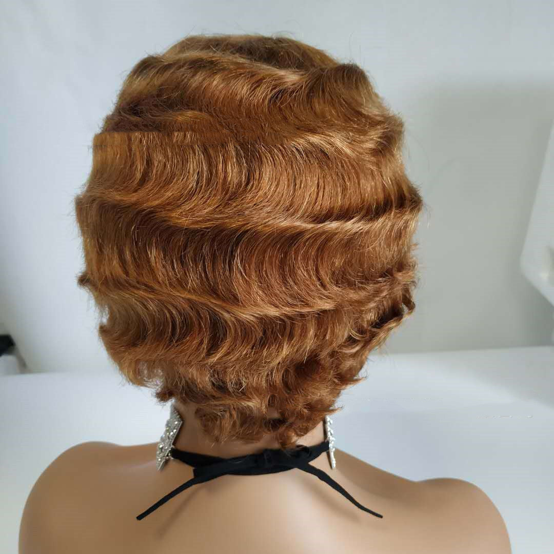 Pixie Cut Short Bob Wig Remy Human Hair Finger Wave Wigs - Amazhona 