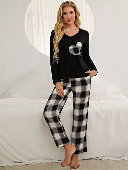 Plaid Heart Top and Pants Lounge Set - Amazhona 