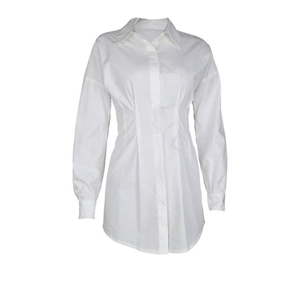 Pleated waist cotton long-sleeved shirt - Amazhona 