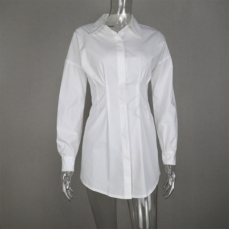 Pleated waist cotton long-sleeved shirt - Amazhona 