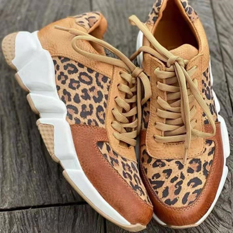 Plus size 36-44 New Thick-soled Round Toe Low-top Leopard Print Women's Singles Cross-large Stitching Lace-up Sneakers - Amazhona 