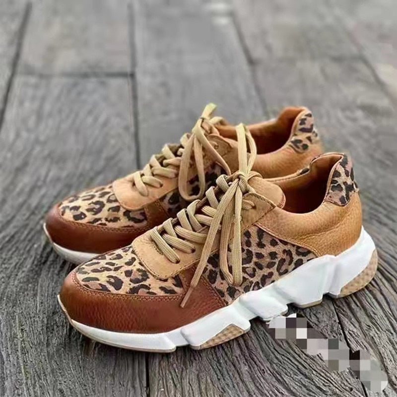 Plus size 36-44 New Thick-soled Round Toe Low-top Leopard Print Women's Singles Cross-large Stitching Lace-up Sneakers - Amazhona 