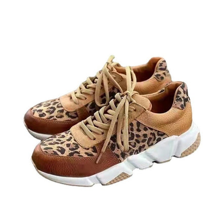 Plus size 36-44 New Thick-soled Round Toe Low-top Leopard Print Women's Singles Cross-large Stitching Lace-up Sneakers - Amazhona 