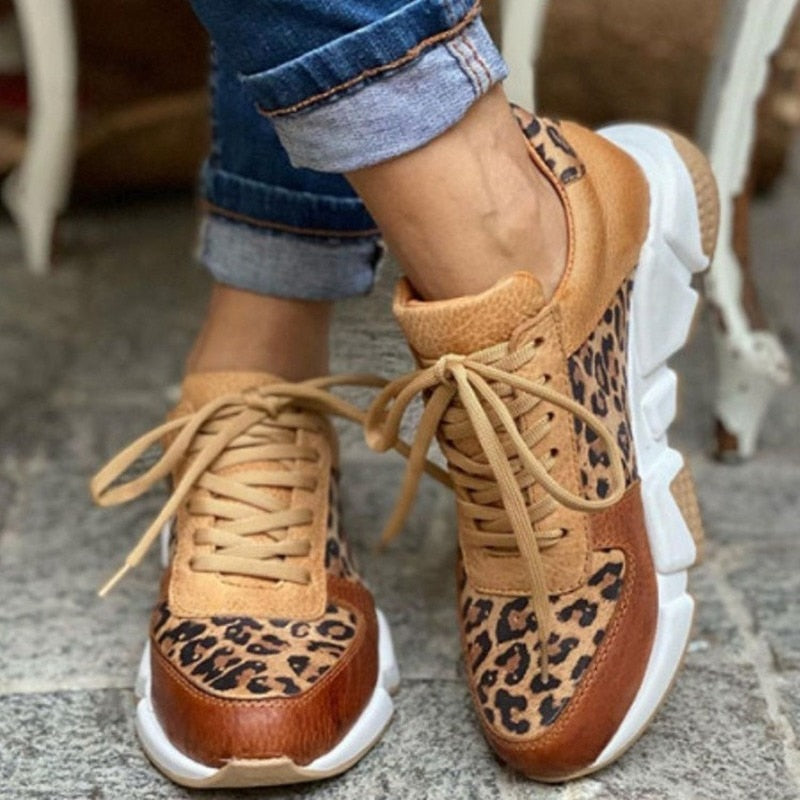 Plus size 36-44 New Thick-soled Round Toe Low-top Leopard Print Women's Singles Cross-large Stitching Lace-up Sneakers - Amazhona 