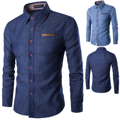 Pocket leather long sleeve denim shirt - Amazhona 