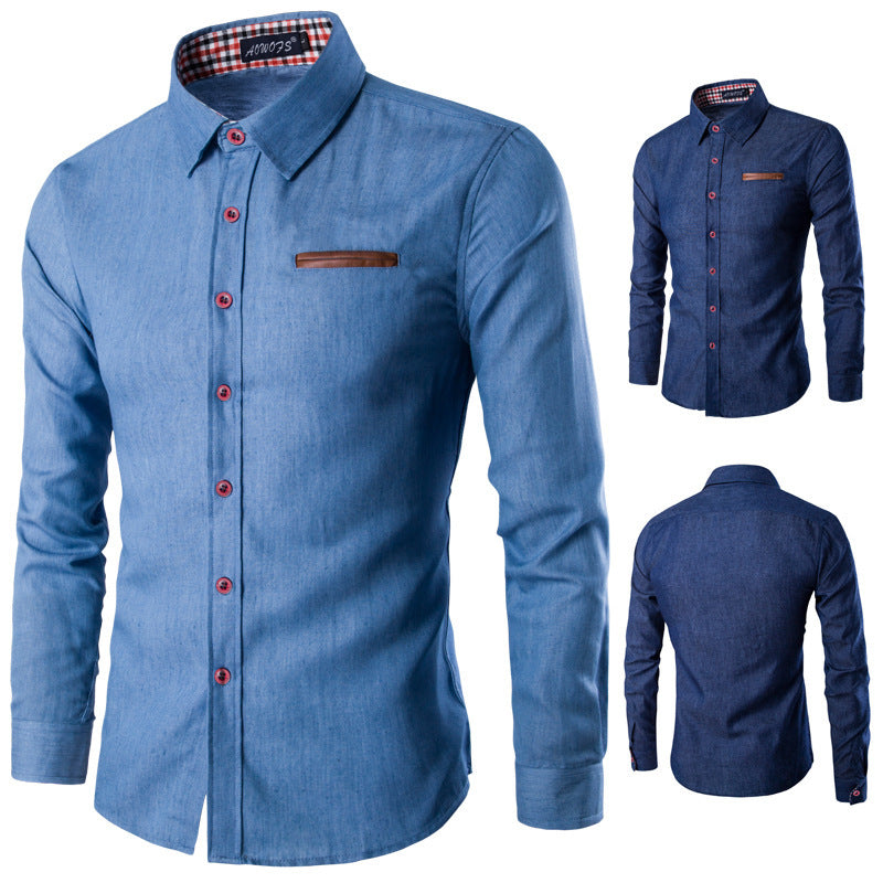 Pocket leather long sleeve denim shirt - Amazhona 