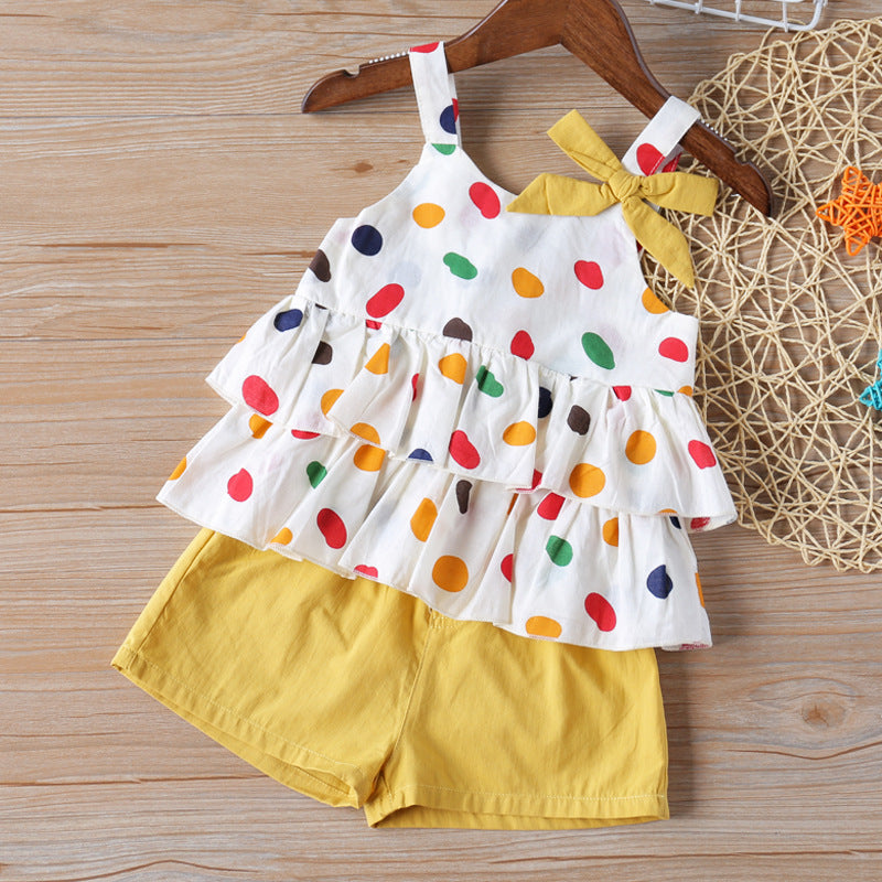 Polka Dot Bowknot Vest T-shirt Top + Shorts 2-piece Set - Amazhona 