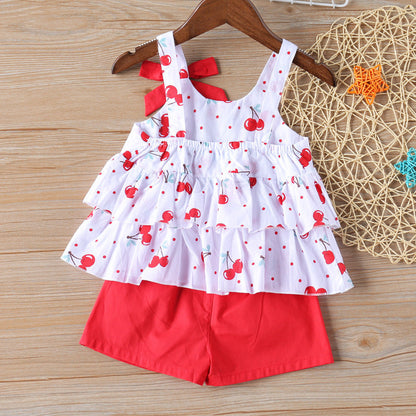 Polka Dot Bowknot Vest T-shirt Top + Shorts 2-piece Set - Amazhona 