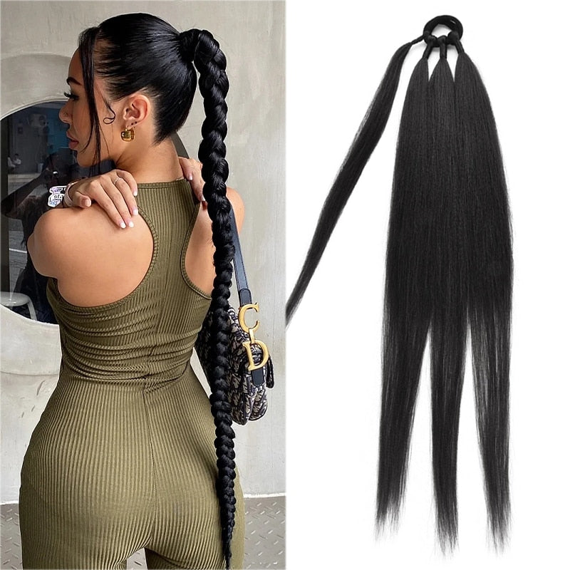 Ponytail Extensions Synthetic Boxing Braids Wrap Around Chignon Tail With Rubber Band Hair Ring 26 Inch Brown Ombre Braid DIY - Amazhona 