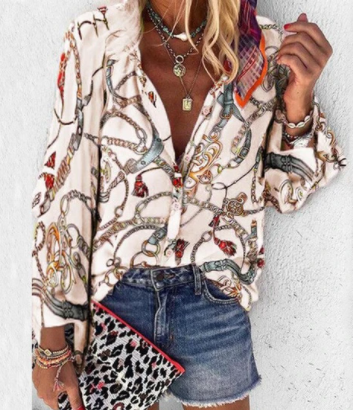 Printed Long Sleeve V-neck Button Ladies Blouse Women - Amazhona 