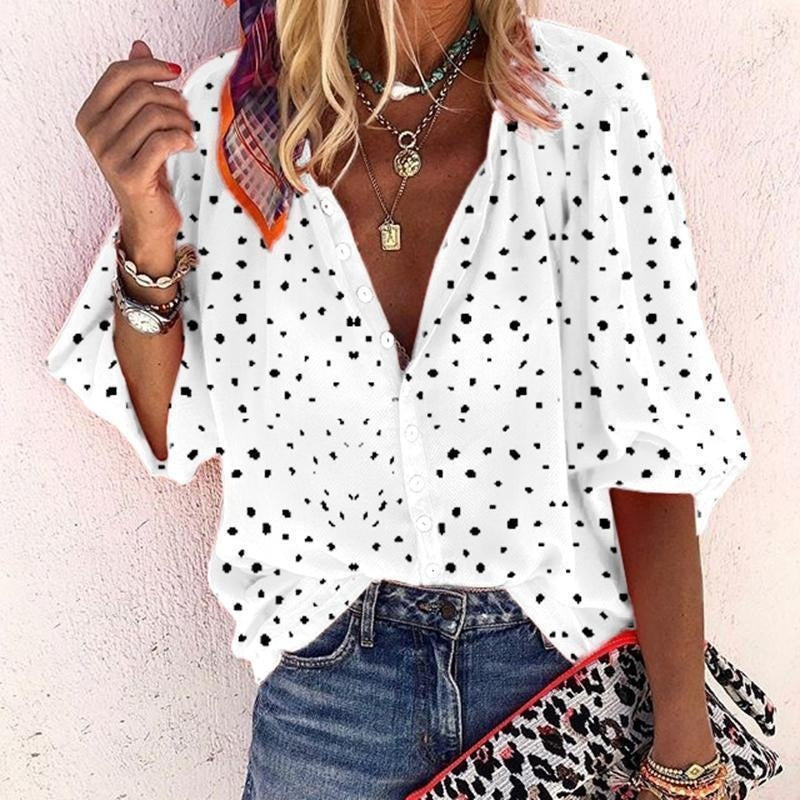 Printed Long Sleeve V-neck Button Ladies Blouse Women - Amazhona 