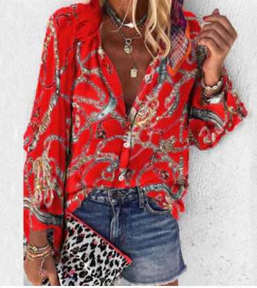 Printed Long Sleeve V-neck Button Ladies Blouse Women - Amazhona 