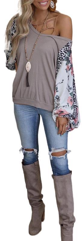 Printed Long-Sleeved Round Neck Stitching Casual Loose Top T-Shirt Women - Amazhona 