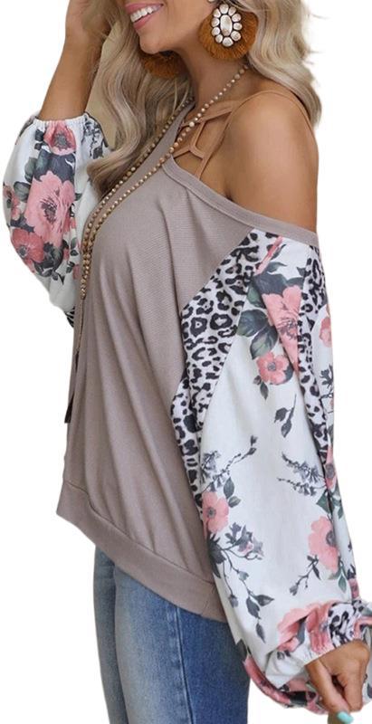 Printed Long-Sleeved Round Neck Stitching Casual Loose Top T-Shirt Women - Amazhona 