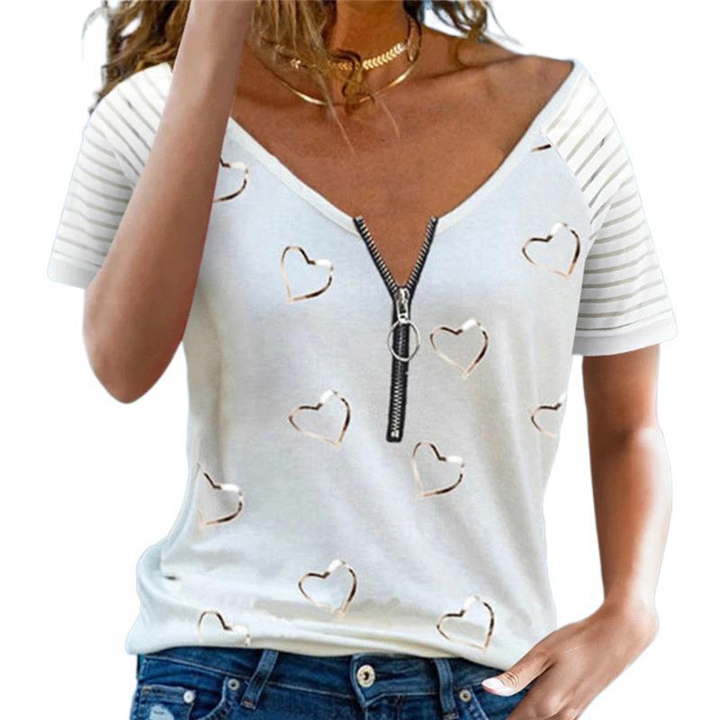 Printed V-Neck Zipper Casual Short-Sleeved Top T-Shirt - Amazhona 