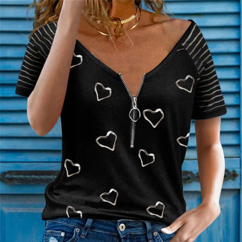 Printed V-Neck Zipper Casual Short-Sleeved Top T-Shirt - Amazhona 