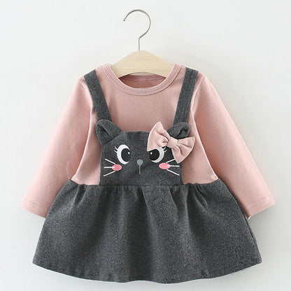 Printed long sleeve cartoon cat face bow baby dress - Amazhona 