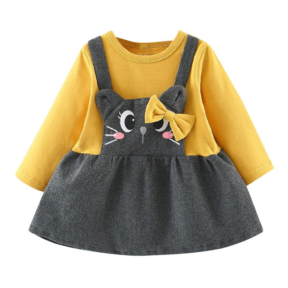 Printed long sleeve cartoon cat face bow baby dress - Amazhona 