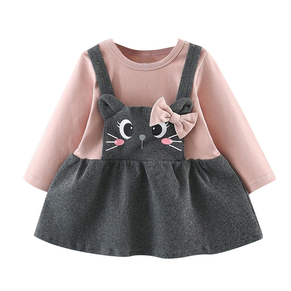 Printed long sleeve cartoon cat face bow baby dress - Amazhona 