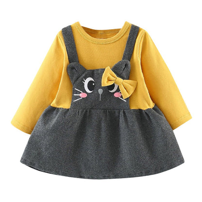 Printed long sleeve cartoon cat face bow baby dress - Amazhona 