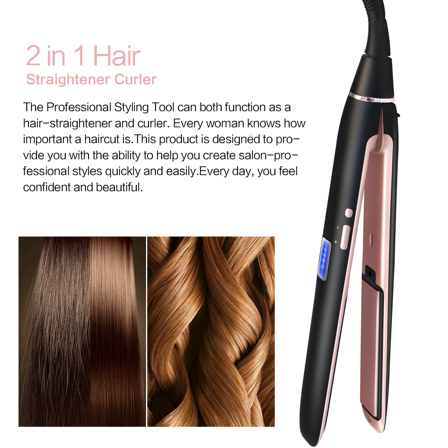 Professional Hair Straightener 2in1 Flat Iron Curling Straight Hair Fast Ceramic Heating - Amazhona 