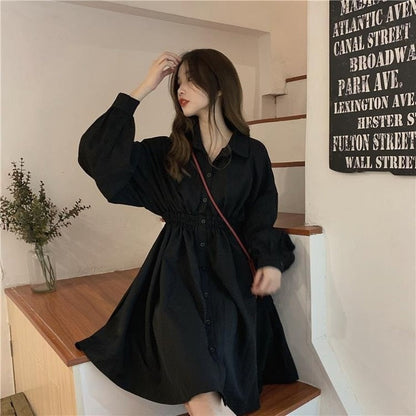 QWEEK Shirt Dress Women Korean Style Polo Collar Black Long Sleeve Wrap Mini Dress Casual Solid Kpop Clothes Woman 2021 - Amazhona 