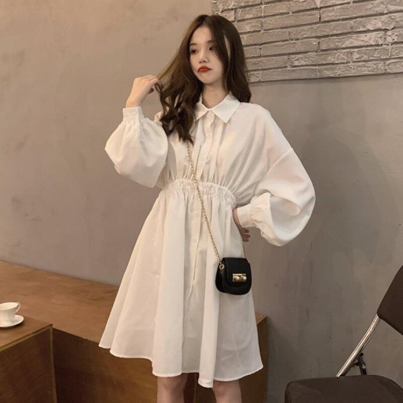 QWEEK Shirt Dress Women Korean Style Polo Collar Black Long Sleeve Wrap Mini Dress Casual Solid Kpop Clothes Woman 2021 - Amazhona 