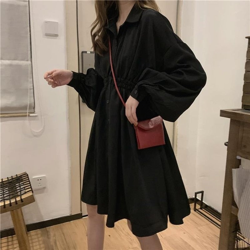 QWEEK Shirt Dress Women Korean Style Polo Collar Black Long Sleeve Wrap Mini Dress Casual Solid Kpop Clothes Woman 2021 - Amazhona 