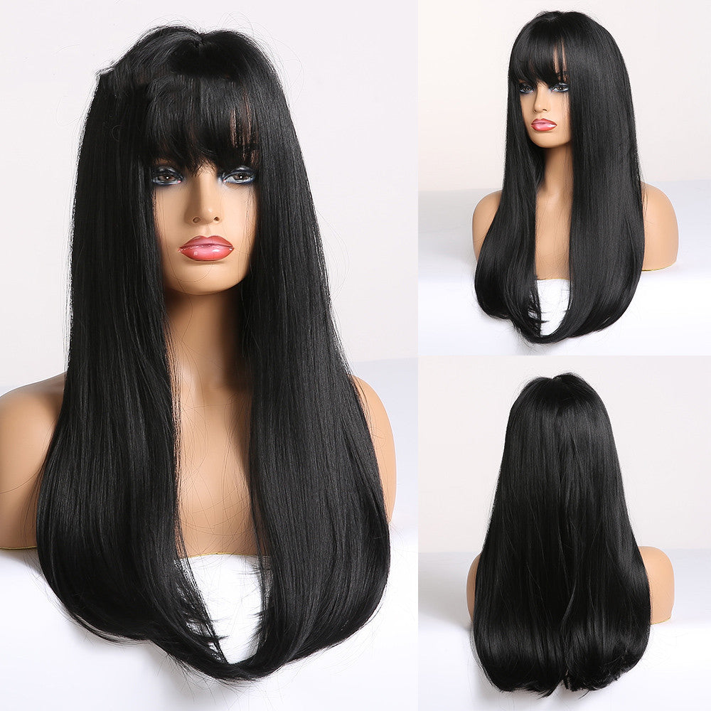 Qi Liuhai Long Straight Hair Hair End Curly Gradient Brown Black - Amazhona 