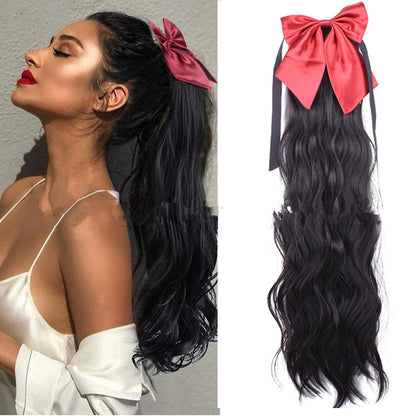 Red Bow Ponytail Wig Women''s Long Hair Ribbon Wig Ponytail - Amazhona 