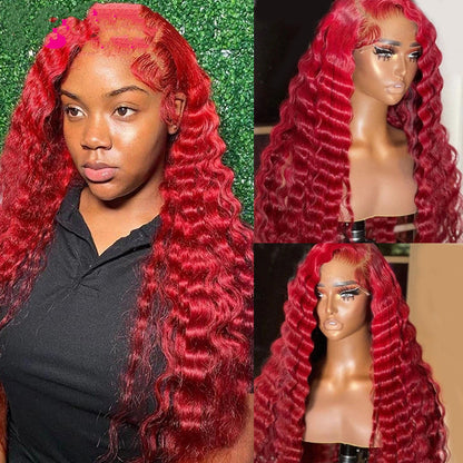 Red Deep Wave Human Hair Wig Real Headgear - Amazhona 