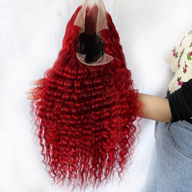 Red Deep Wave Human Hair Wig Real Headgear - Amazhona 