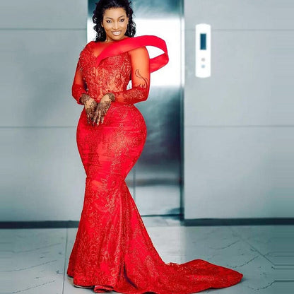 Red Lace Evening Dresses With Sheer Neck Beads Appliques Long Sleeves Formal Party Gowns For African Women Aso Ebi Prom Dress - Amazhona 