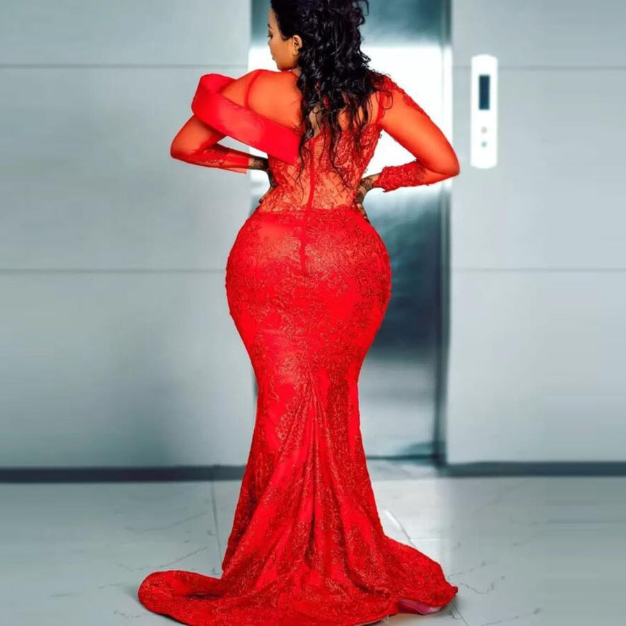 Red Lace Evening Dresses With Sheer Neck Beads Appliques Long Sleeves Formal Party Gowns For African Women Aso Ebi Prom Dress - Amazhona 