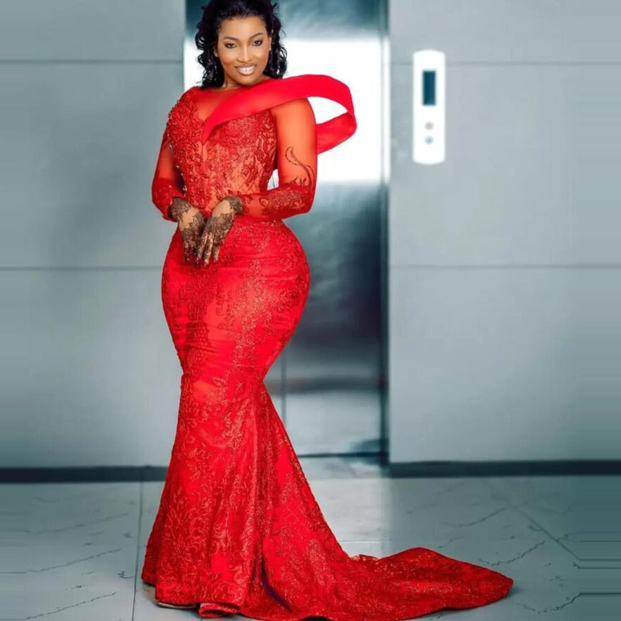 Red Lace Evening Dresses With Sheer Neck Beads Appliques Long Sleeves Formal Party Gowns For African Women Aso Ebi Prom Dress - Amazhona 